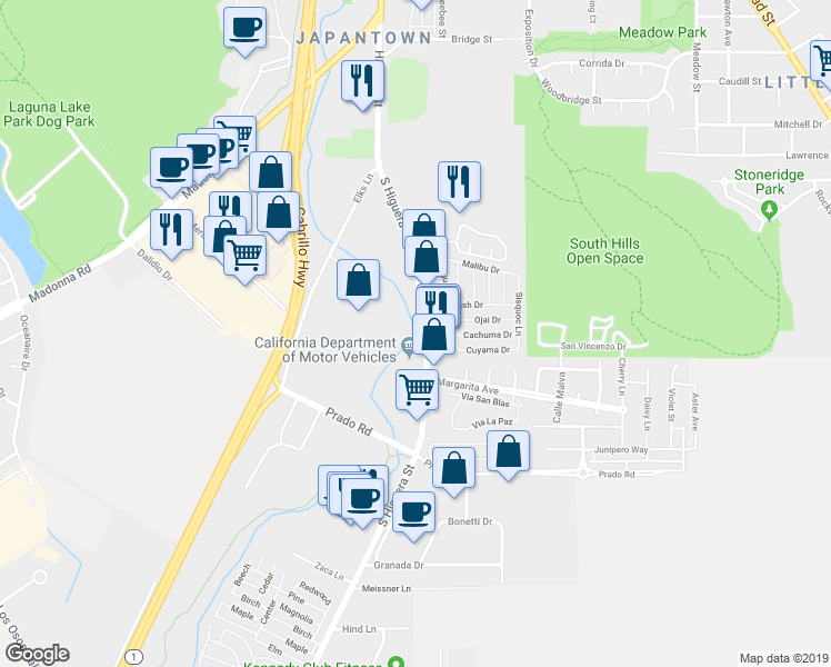 map of restaurants, bars, coffee shops, grocery stores, and more near 3026 South Higuera Street in San Luis Obispo