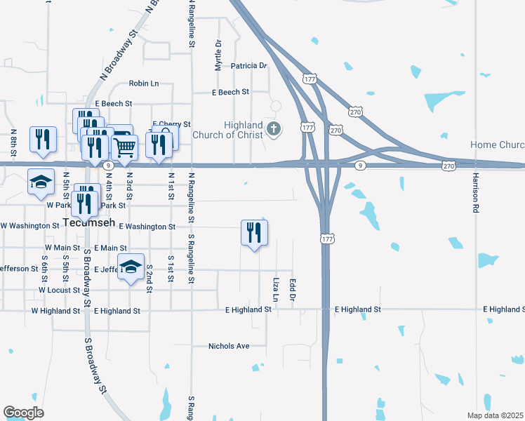 map of restaurants, bars, coffee shops, grocery stores, and more near 1005 East Park Street in Tecumseh