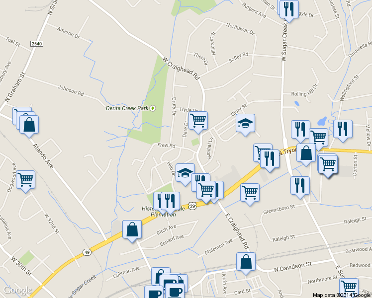 map of restaurants, bars, coffee shops, grocery stores, and more near 318 Dare Drive in Charlotte