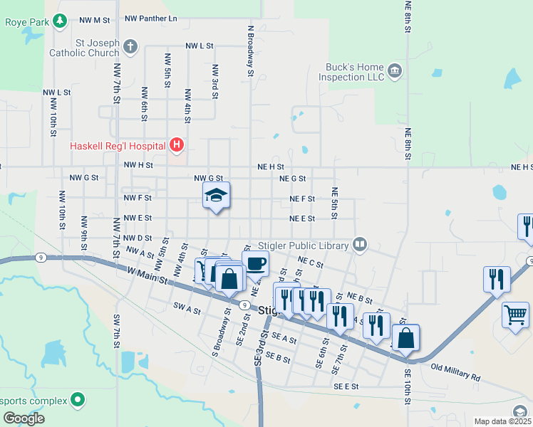 map of restaurants, bars, coffee shops, grocery stores, and more near 608 North Broadway Street in Stigler
