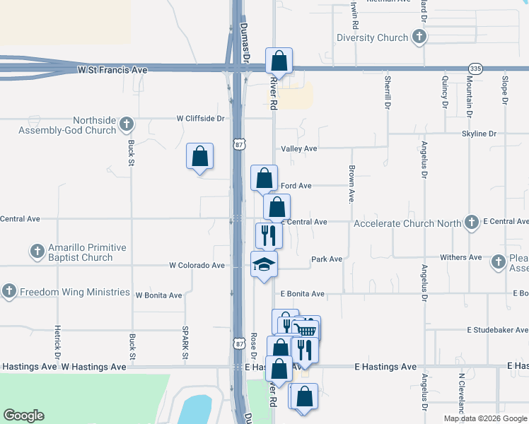 map of restaurants, bars, coffee shops, grocery stores, and more near 4809 River Road in Amarillo