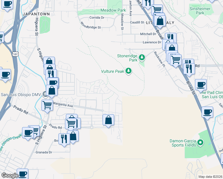map of restaurants, bars, coffee shops, grocery stores, and more near 3089 Arezzo Drive in San Luis Obispo