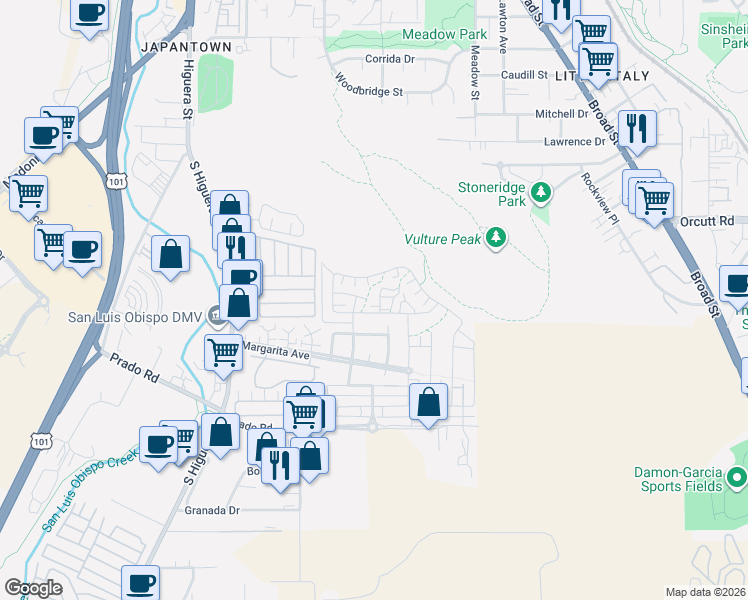 map of restaurants, bars, coffee shops, grocery stores, and more near 3036 Arezzo Drive in San Luis Obispo