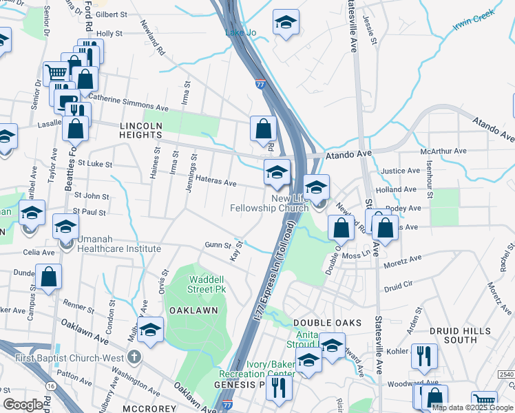map of restaurants, bars, coffee shops, grocery stores, and more near 1854 Brownstone Street in Charlotte