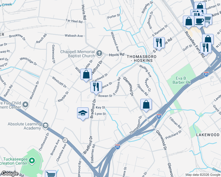 map of restaurants, bars, coffee shops, grocery stores, and more near 835 Reliance Street in Charlotte