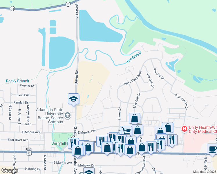 map of restaurants, bars, coffee shops, grocery stores, and more near 23 River Ridge Road in Searcy