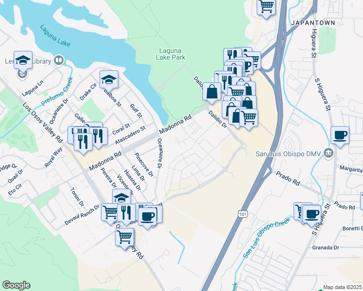 map of restaurants, bars, coffee shops, grocery stores, and more near 905 Madonna Road in San Luis Obispo