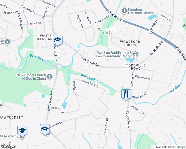 map of restaurants, bars, coffee shops, grocery stores, and more near 6025 Paw Creek Road in Charlotte