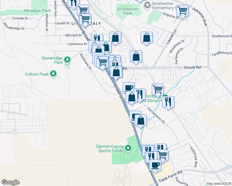 map of restaurants, bars, coffee shops, grocery stores, and more near 3370 Broad Street in San Luis Obispo