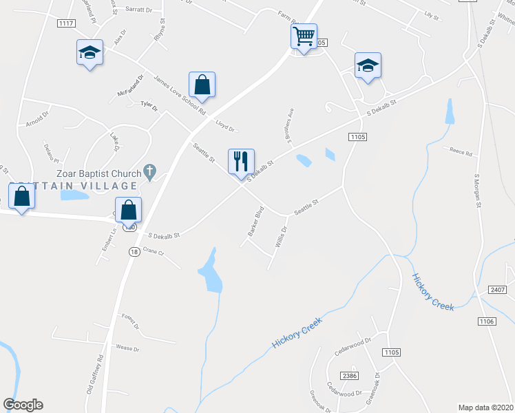 map of restaurants, bars, coffee shops, grocery stores, and more near 210 Seattle Street in Shelby