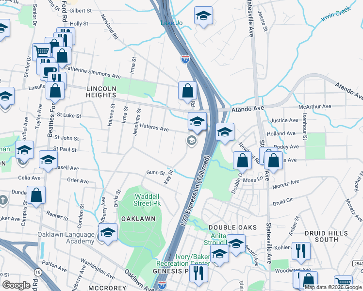 map of restaurants, bars, coffee shops, grocery stores, and more near 1854 Brownstone Street in Charlotte