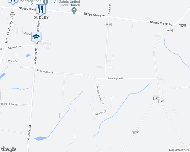 map of restaurants, bars, coffee shops, grocery stores, and more near 191 Brewington Drive in Wayne County