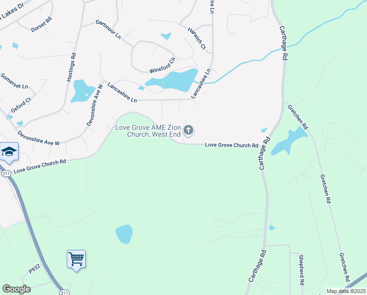 map of restaurants, bars, coffee shops, grocery stores, and more near 303 Love Grove Church Road in Moore County