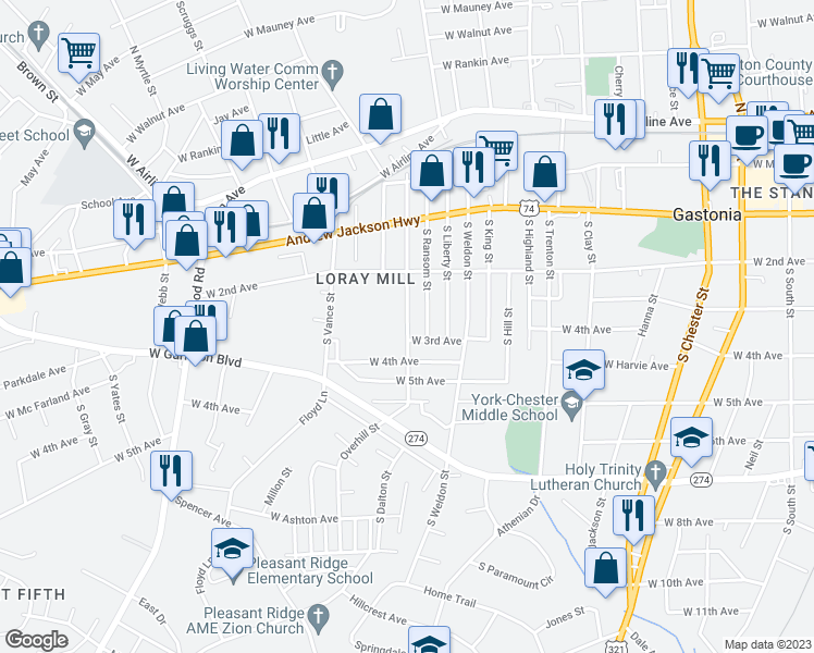 map of restaurants, bars, coffee shops, grocery stores, and more near 333 South Dalton Street in Gastonia