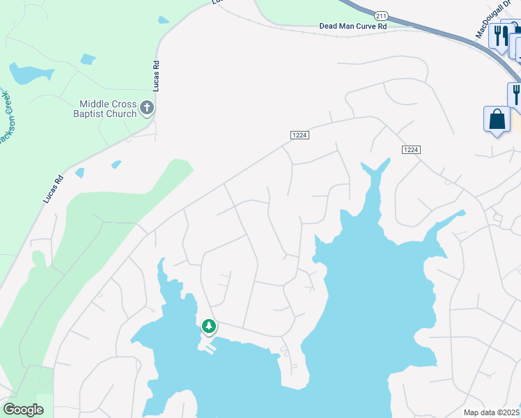 map of restaurants, bars, coffee shops, grocery stores, and more near 106 Sheroff Lane in Seven Lakes