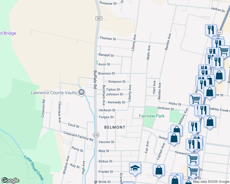 map of restaurants, bars, coffee shops, grocery stores, and more near 316 Tipton Street in Lawrenceburg