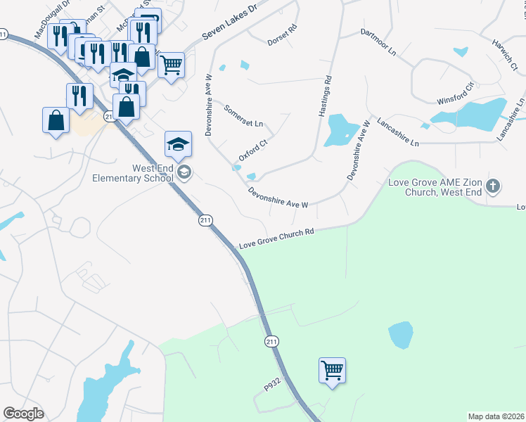 map of restaurants, bars, coffee shops, grocery stores, and more near 216 Devonshire Avenue West in Seven Lakes
