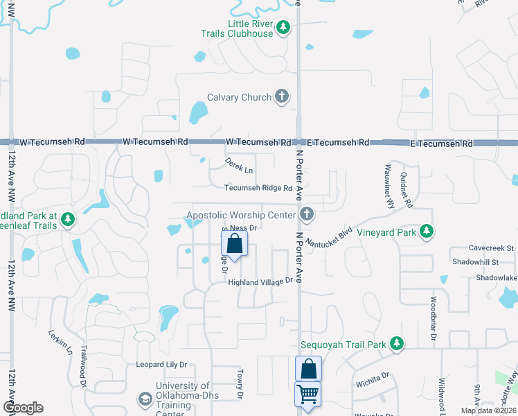 map of restaurants, bars, coffee shops, grocery stores, and more near 217 Tecumseh Meadows Court in Norman