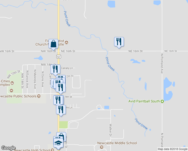 map of restaurants, bars, coffee shops, grocery stores, and more near 1095 North Linda Lane in Newcastle