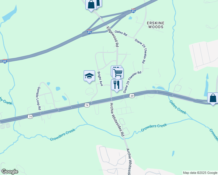 map of restaurants, bars, coffee shops, grocery stores, and more near 103 Bright Avenue in Bessemer City