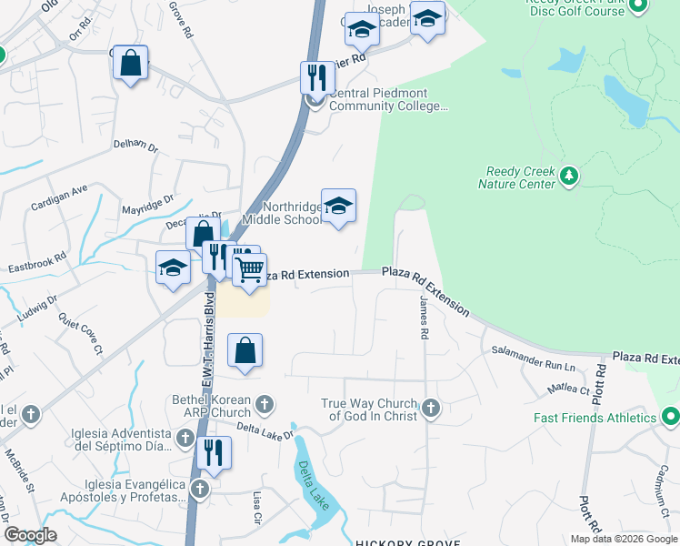 map of restaurants, bars, coffee shops, grocery stores, and more near 7620 Plaza Road Extension in Charlotte