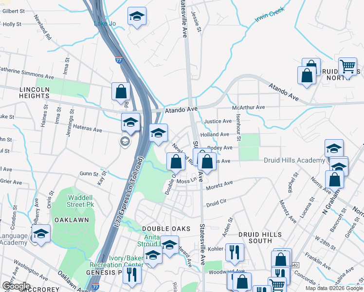 map of restaurants, bars, coffee shops, grocery stores, and more near in Charlotte