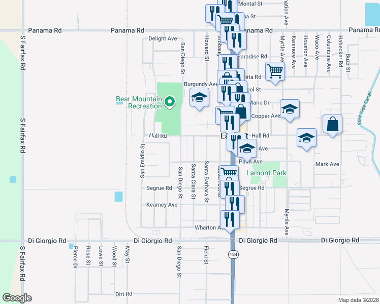 map of restaurants, bars, coffee shops, grocery stores, and more near 10513 San Diego Street in Lamont