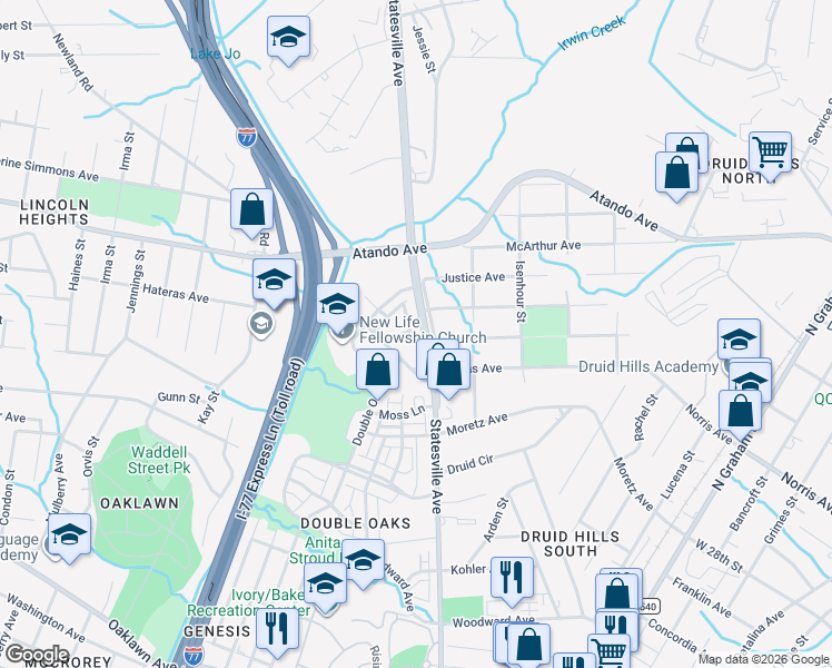 map of restaurants, bars, coffee shops, grocery stores, and more near in Charlotte
