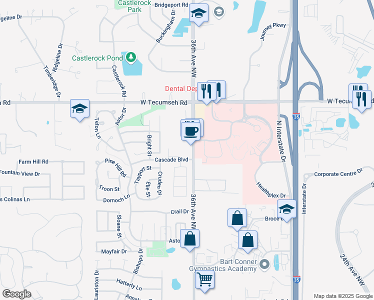 map of restaurants, bars, coffee shops, grocery stores, and more near 3408 36th Avenue Northwest in Norman