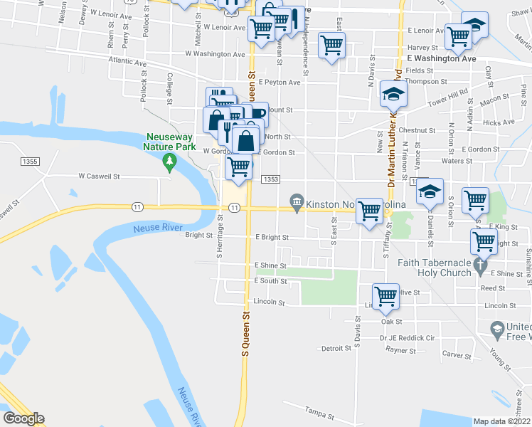 map of restaurants, bars, coffee shops, grocery stores, and more near 109 East King Street in Kinston