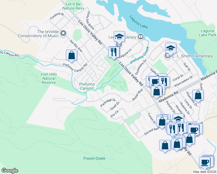 map of restaurants, bars, coffee shops, grocery stores, and more near 1720 Royal Court in San Luis Obispo