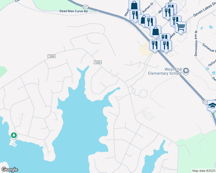 map of restaurants, bars, coffee shops, grocery stores, and more near Owens Circle in Seven Lakes