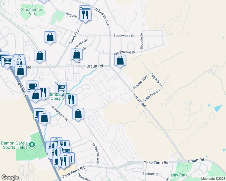 map of restaurants, bars, coffee shops, grocery stores, and more near 3735 Orcutt Road in San Luis Obispo