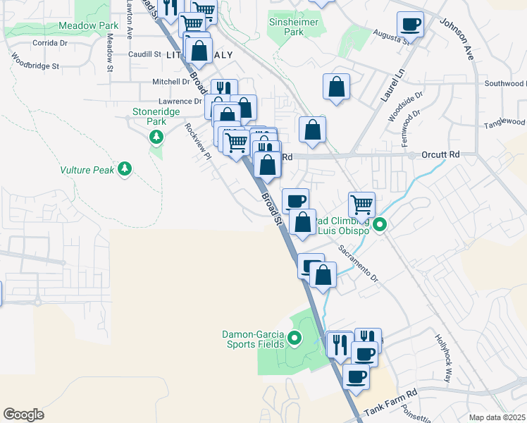 map of restaurants, bars, coffee shops, grocery stores, and more near 3340 Broad Street in San Luis Obispo