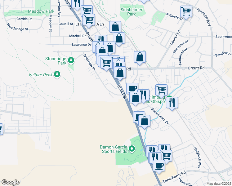 map of restaurants, bars, coffee shops, grocery stores, and more near 3340 Broad Street in San Luis Obispo