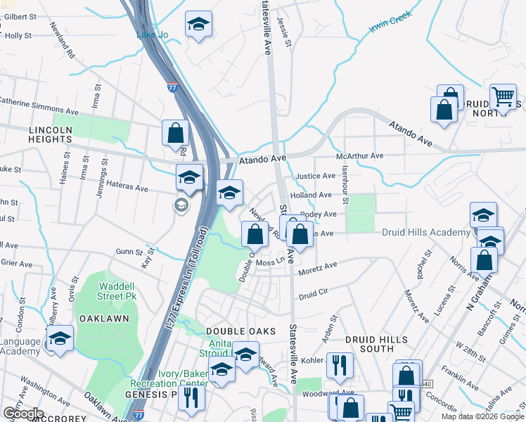 map of restaurants, bars, coffee shops, grocery stores, and more near in Charlotte
