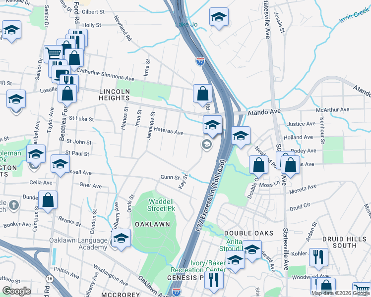 map of restaurants, bars, coffee shops, grocery stores, and more near 1854 Brownstone Street in Charlotte