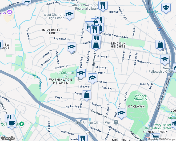 map of restaurants, bars, coffee shops, grocery stores, and more near 1622 Taylor Avenue in Charlotte
