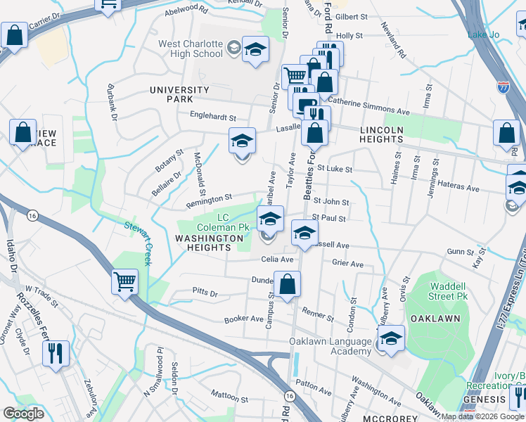 map of restaurants, bars, coffee shops, grocery stores, and more near 1624 Maribel Avenue in Charlotte