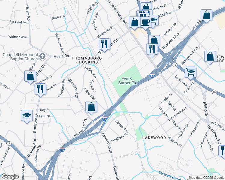 map of restaurants, bars, coffee shops, grocery stores, and more near 4136 Blenhein Road in Charlotte