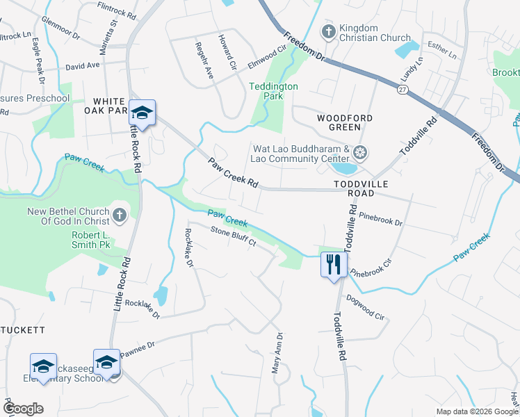 map of restaurants, bars, coffee shops, grocery stores, and more near 5823 Paw Creek Road in Charlotte