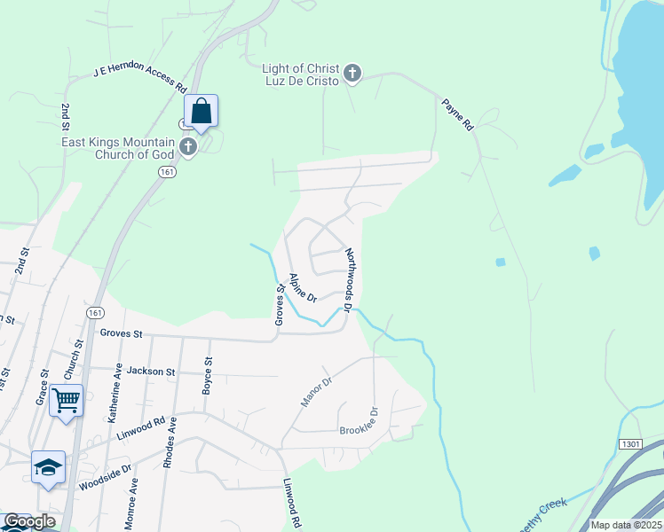 map of restaurants, bars, coffee shops, grocery stores, and more near 2103 Loblolly Lane in Kings Mountain