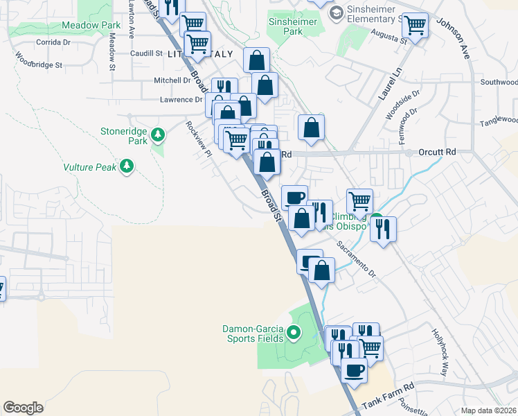 map of restaurants, bars, coffee shops, grocery stores, and more near 3340 Broad Street in San Luis Obispo