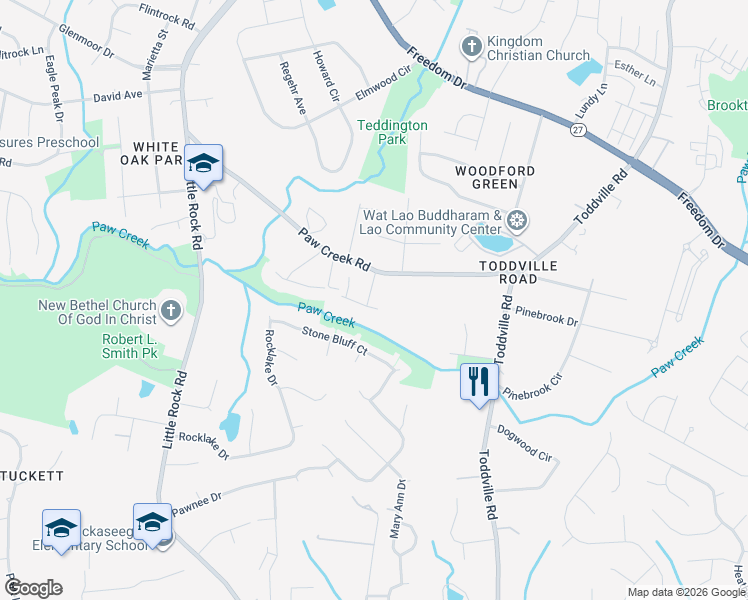 map of restaurants, bars, coffee shops, grocery stores, and more near 5823 Paw Creek Road in Charlotte