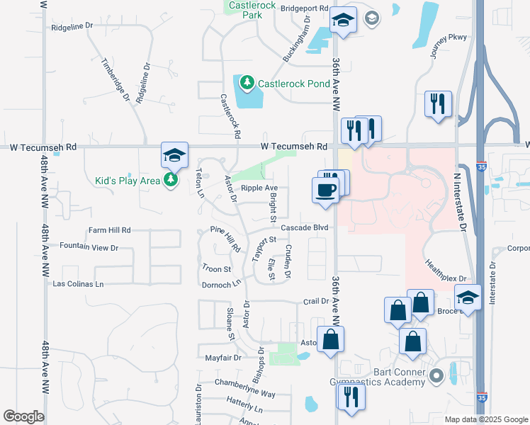 map of restaurants, bars, coffee shops, grocery stores, and more near 3905 Glisten Court in Norman