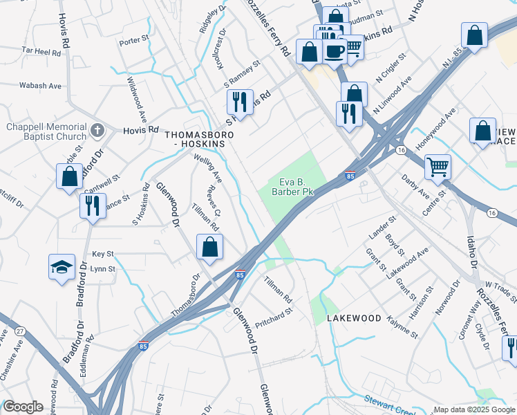 map of restaurants, bars, coffee shops, grocery stores, and more near 4136 Blenhein Road in Charlotte