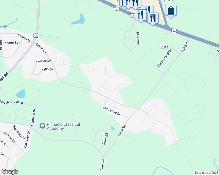 map of restaurants, bars, coffee shops, grocery stores, and more near 108 Apple Hill Drive in Shelby