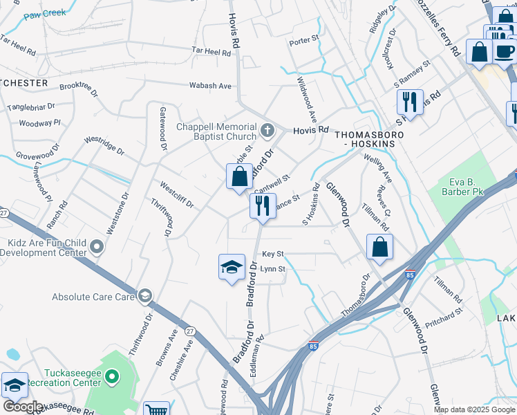 map of restaurants, bars, coffee shops, grocery stores, and more near 317 Bradford Drive in Charlotte