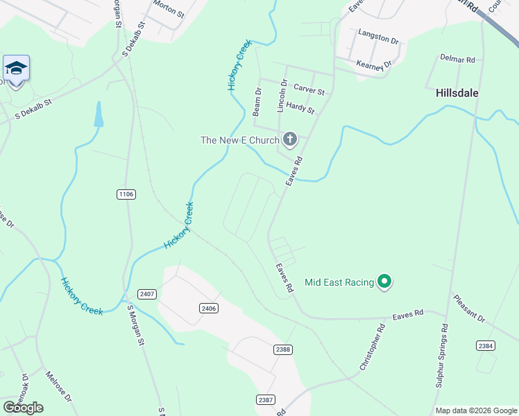 map of restaurants, bars, coffee shops, grocery stores, and more near Eaves Road in Shelby