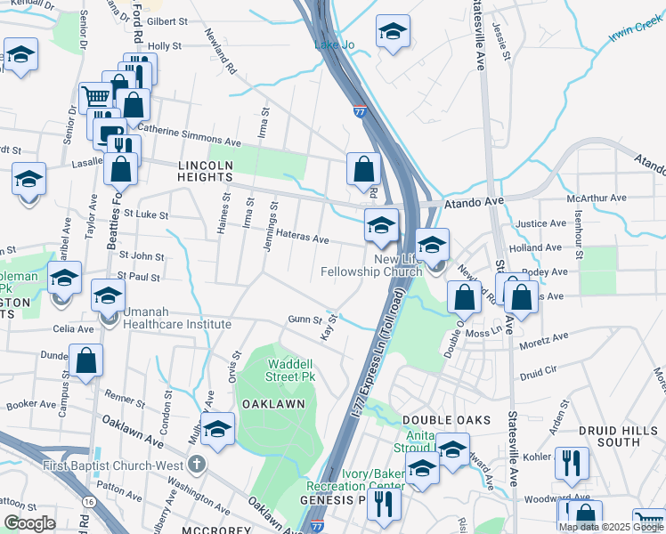 map of restaurants, bars, coffee shops, grocery stores, and more near 1854 Brownstone Street in Charlotte